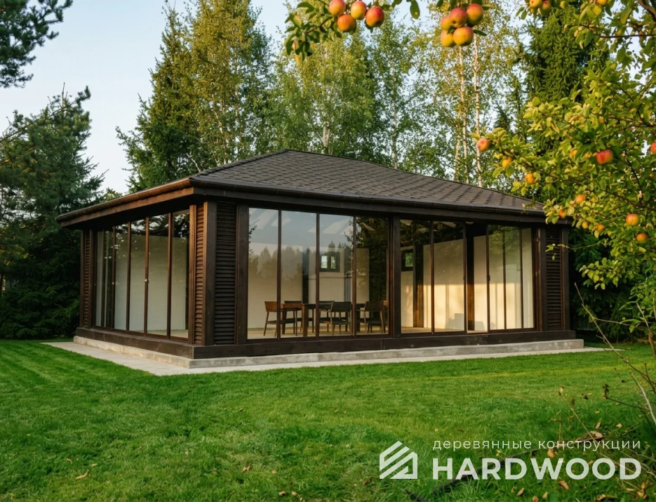 Большая деревянная беседка остеклённая №98 - фото 2275
